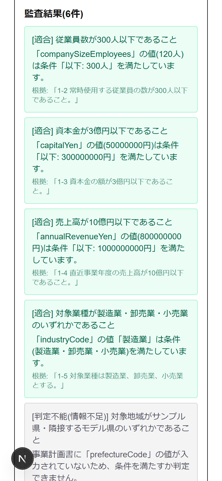 スマートフォンで見た監査結果(架空データ)