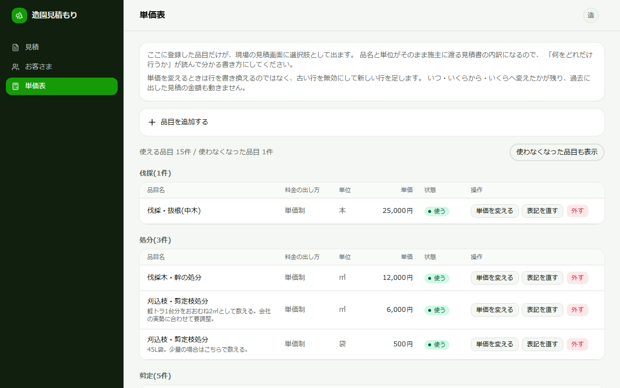 単価表画面(架空データ)